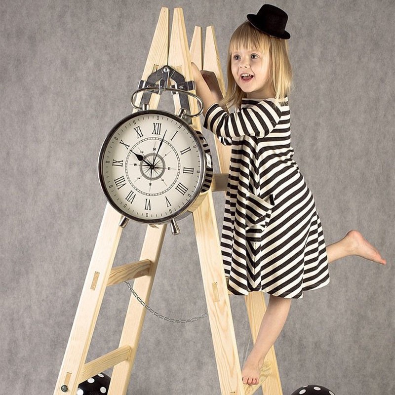 F68100 fashion big pocket  long sleeve black white striped family clothes dress